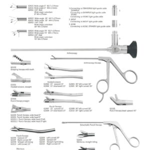 Set de Artroscopia rigida con telescopio 4mm 30 grados camisa con dos valvulas tipo luer, varias pinzas cable de fibra optica palpador etc.-0