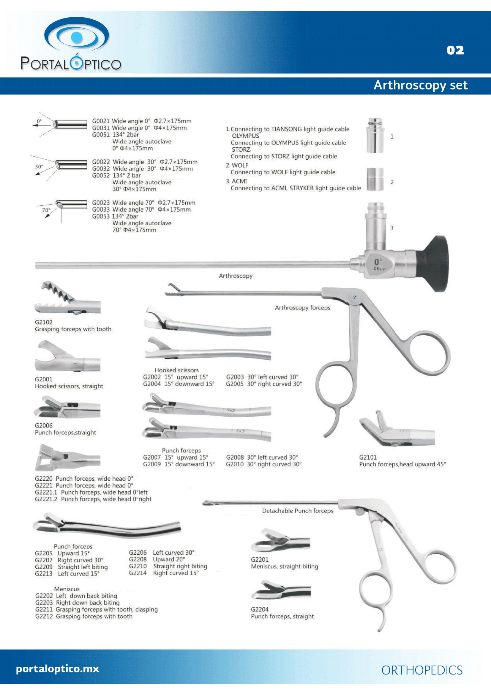 Set de Artroscopia rígida completo 1 Set de Artroscopia rigida con telescopio 4mm 30 grados camisa con dos valvulas tipo luer, varias pinzas cable de fibra optica palpador etc.-0