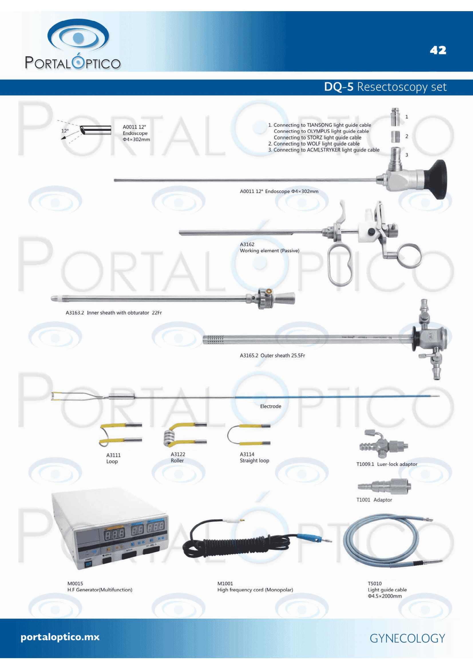 DQ-5 Set de resectoscopia con lente de 4mm x 302mm de 12° uenta con elemento de trabajo pasivo con camisa de flujo continuo de 25.5 Fr. y Obturador tipo de asa de una pata-0